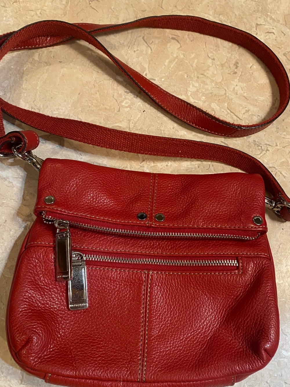 Tignanello Red Pebbled Leather Crossbody with Silver Hardware
